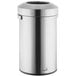 A Rubbermaid stainless steel trash can with a lid.