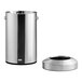 A silver Rubbermaid stainless steel round waste container with a black lid.