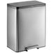 A silver rectangular Rubbermaid step-on trash can with a black lid.