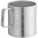 A silver aluminum measuring cup with a handle.