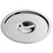 A silver stainless steel circular Choice bain marie cover with a handle.