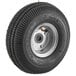 A black tire with a silver rim.