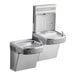 A stainless steel bi-level drinking fountain with a hands-free bottle filling station.
