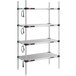 A Metro Super Erecta stainless steel heated shelving unit with four shelves and chrome posts.