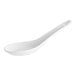 A close-up of an Acopa Bright White Ceramic Chinese Soup Spoon with a white handle.