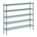 A Regency green wire shelving unit with five shelves.