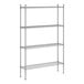 A wireframe Regency chrome metal shelving unit with four shelves.