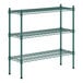 A green metal shelving unit with three shelves.