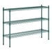 A green metal Regency shelving unit with three shelves and black legs.