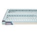 A white plastic MetroMax i open grid shelf with blue trim.