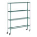 A green metal Regency wire shelving unit with wheels.