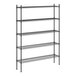 A black metal wire shelving unit with four shelves.