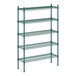 A green wire shelving unit with five shelves.