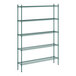 A green metal wire shelving unit with five shelves.