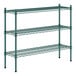 A green metal wire Regency shelving unit with three shelves.