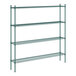 A green metal Regency wire shelving unit with four shelves.