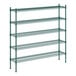 A green metal Regency shelving unit with four shelves.