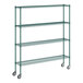 A green metal Regency wire shelving unit with wheels.