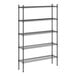 A black wire shelving unit with five shelves.