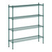 A green metal Regency wire shelving unit with four shelves.