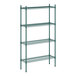 A green metal Regency wire shelving unit with four shelves.