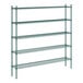 A green metal Regency wire shelving unit with four shelves.