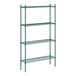 A green metal wire shelving unit with four shelves.