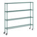 A Regency green wire shelving unit with casters.