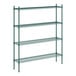 A green metal Regency shelving unit with four shelves.