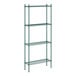 A green metal Regency wire shelving unit with four shelves.