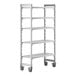 A white plastic Cambro Camshelving Premium mobile shelving unit with 5 shelves and wheels.