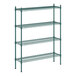 A green metal Regency wire shelving unit with four shelves.