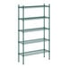 A green metal wire shelving unit with four shelves.