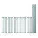 A row of metal shelves with rectangular grid shelves.