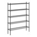 A black metal Regency shelving unit with four wire shelves.