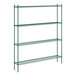 A green metal Regency wire shelving unit with four shelves.