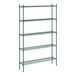 A green metal Regency wire shelving unit with four shelves.