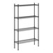 A black wire shelving unit with four shelves.