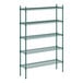 A Regency green wire shelving unit with four shelves.