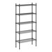 A black wire shelving unit with four shelves.