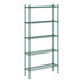 A green metal Regency wire shelving unit with four shelves.