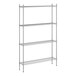 A wireframe of a Regency chrome metal shelving unit with four shelves.