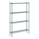 A green metal Regency wire shelving unit with four shelves.