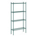 A green wire shelving unit with four shelves.