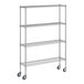 A Regency chrome wire shelving unit with wheels.