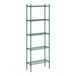 A Regency green metal shelving unit with four shelves.