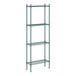 A green wire shelving unit with four shelves.