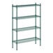 A green metal Regency shelving unit with four shelves.