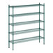 A green metal Regency wire shelving unit with five shelves.