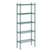 A green metal Regency wire shelving unit with five shelves.